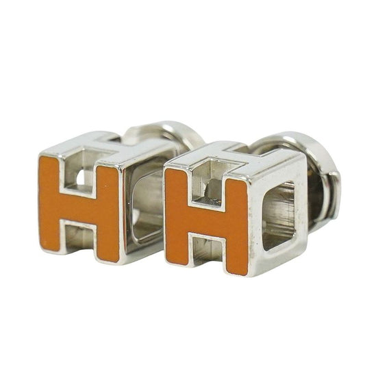 Authentic Hermes H Cube Earrings Metal Silver Hardware Orange Accessories