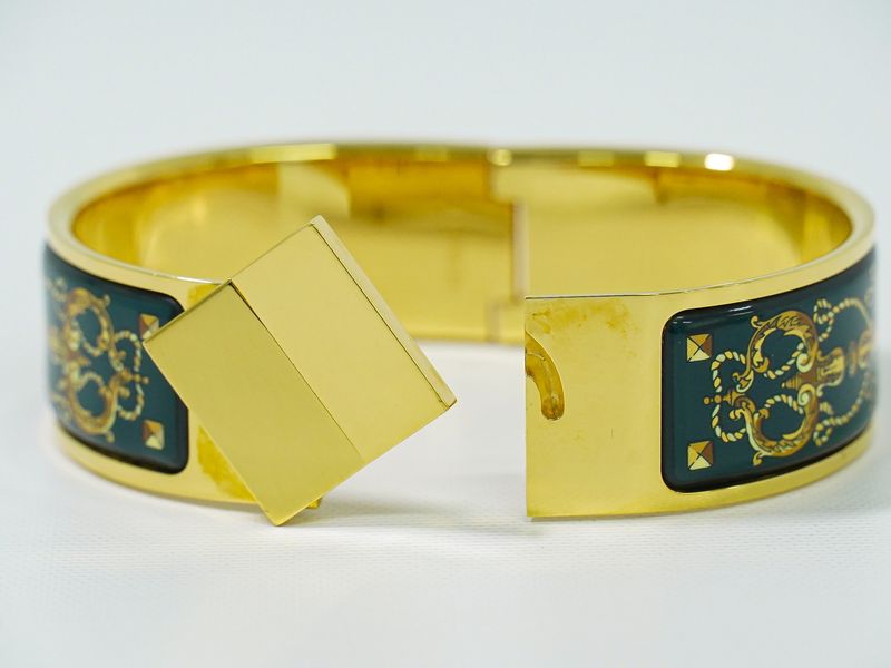 Authentic Hermes Emile GM Bangle Bracelet Cloisonne GP Gold Plated Green Email