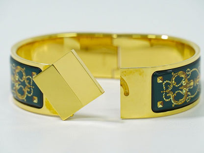 Authentic Hermes Emile GM Bangle Bracelet Cloisonne GP Gold Plated Green Email