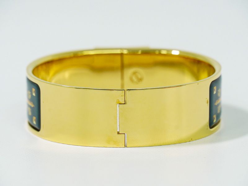 Authentic Hermes Emile GM Bangle Bracelet Cloisonne GP Gold Plated Green Email