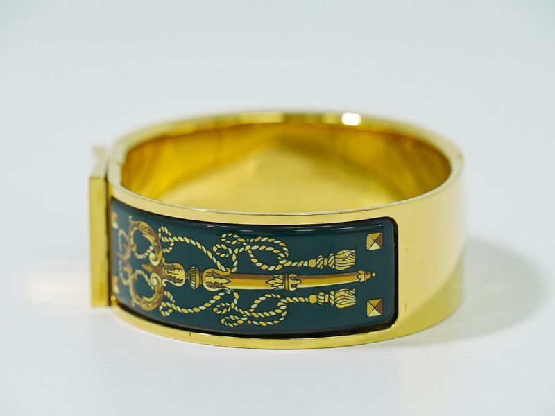 Authentic Hermes Emile GM Bangle Bracelet Cloisonne GP Gold Plated Green Email