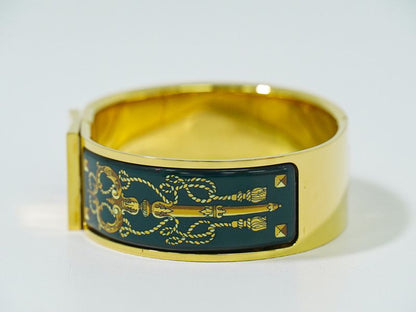 Authentic Hermes Emile GM Bangle Bracelet Cloisonne GP Gold Plated Green Email