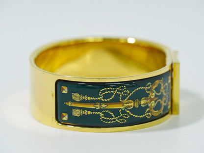 Authentic Hermes Emile GM Bangle Bracelet Cloisonne GP Gold Plated Green Email