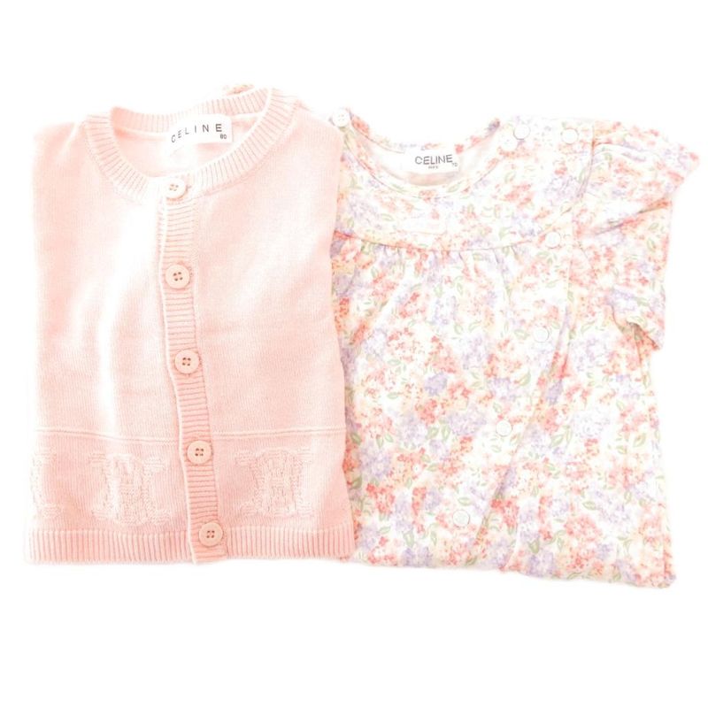 Celine 2-piece Set Romper Cardigan 70 80 Long Sleeves Floral Pink AE - GY14