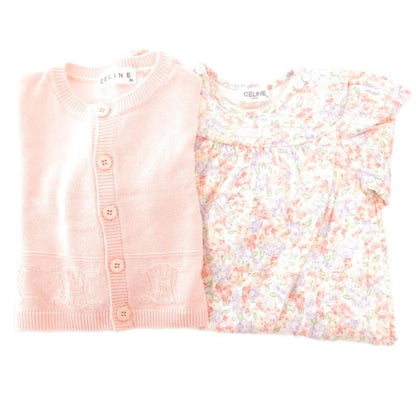 Celine 2-piece Set Romper Cardigan 70 80 Long Sleeves Floral Pink AE - GY14