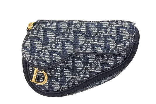 Dior Saddle Pouch Trotter Pattern Canvas Leather Navy Gold