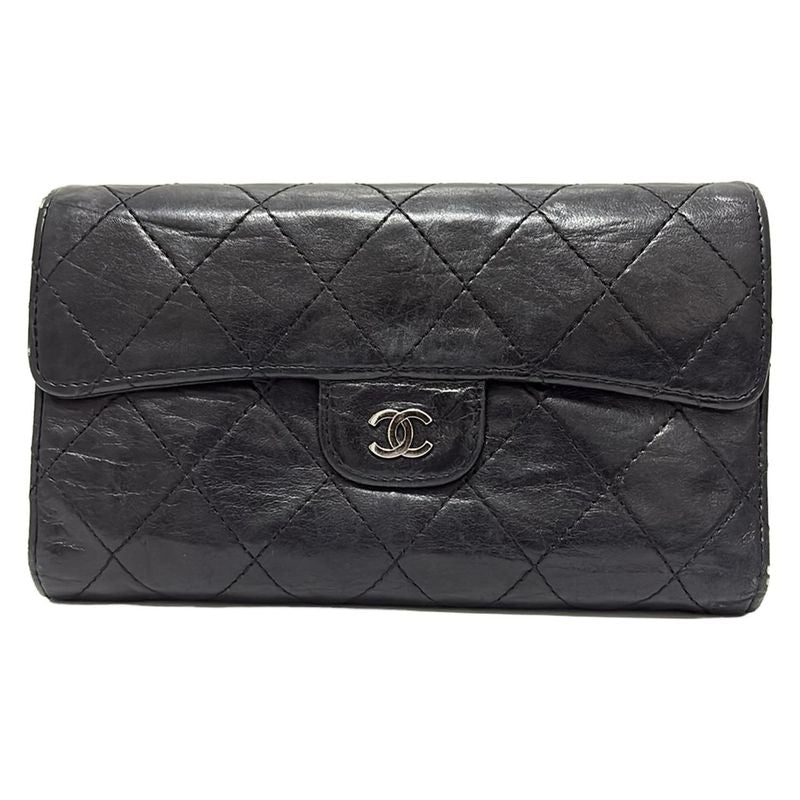 Chanel Long Wallet Matelasse A31506 Black Silver Hardware Lambskin