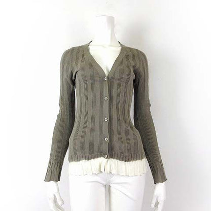 Prada Cardigan Cotton Long Sleeve Ribbed Knit Flared Bicolor M 42 Khaki Off