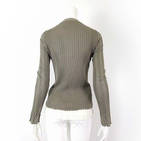 Prada Cardigan Cotton Long Sleeve Ribbed Knit Flared Bicolor M 42 Khaki Off