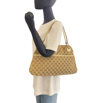 Gucci Beige Ivory Gold Hardware GG Canvas Leather Tote Bag Shoulder Bag Women