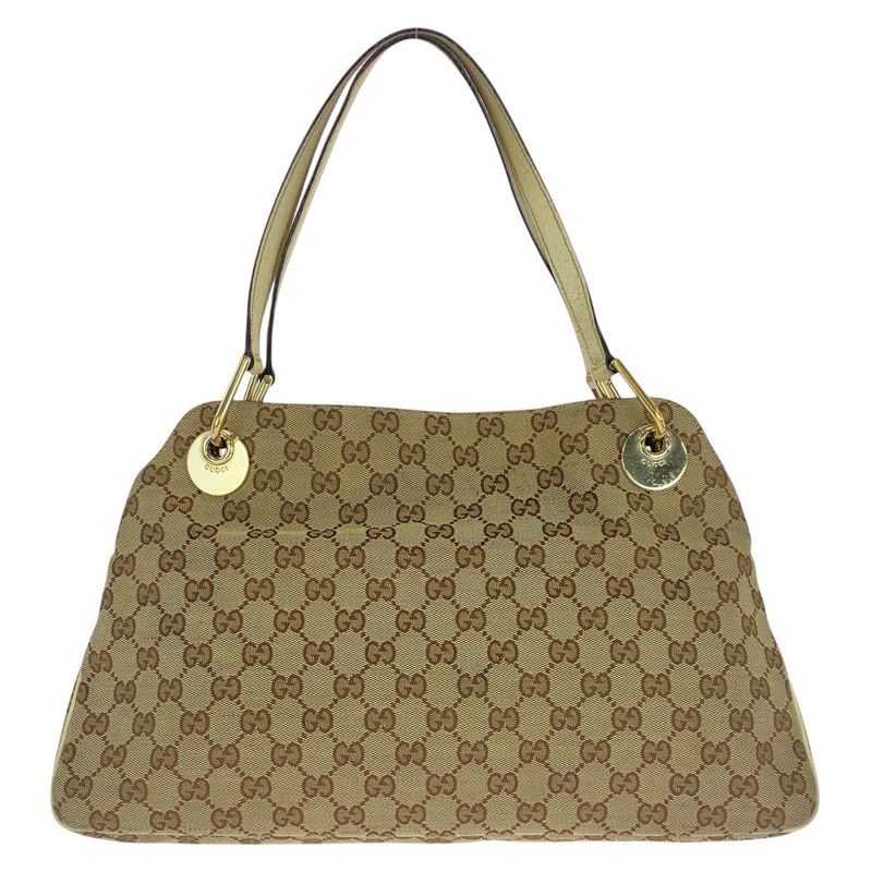 Gucci Beige Ivory Gold Hardware GG Canvas Leather Tote Bag Shoulder Bag Women