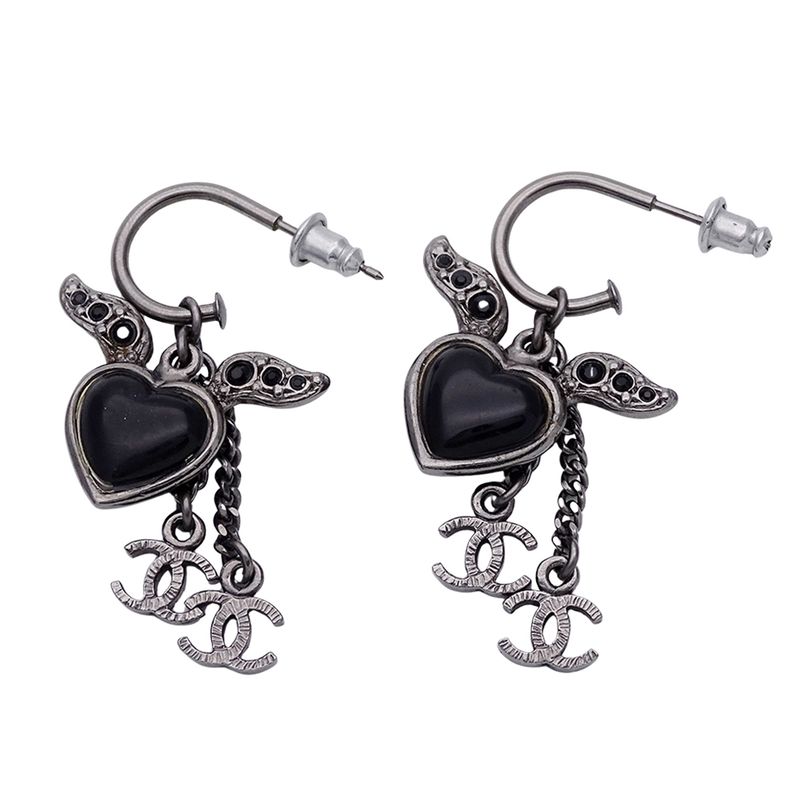 Chanel Earrings Women's Brand Rhinestone Silver Black Heart Coco Mark Stylish