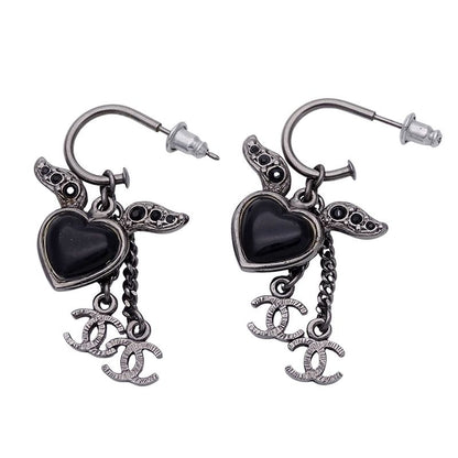 Chanel Earrings Women's Brand Rhinestone Silver Black Heart Coco Mark Stylish