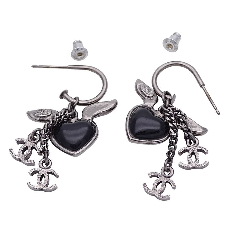Chanel Earrings Women's Brand Rhinestone Silver Black Heart Coco Mark Stylish