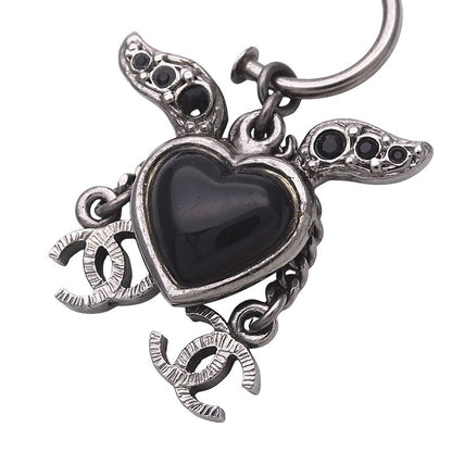 Chanel Earrings Women's Brand Rhinestone Silver Black Heart Coco Mark Stylish