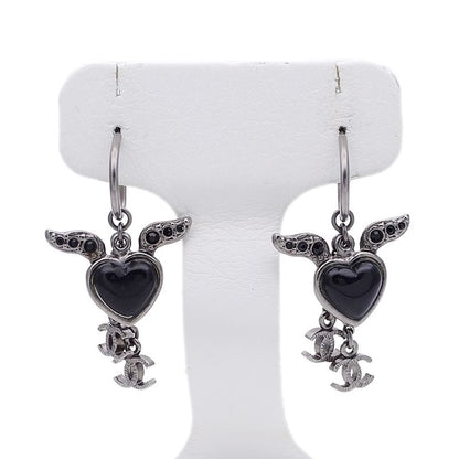 Chanel Earrings Women's Brand Rhinestone Silver Black Heart Coco Mark Stylish
