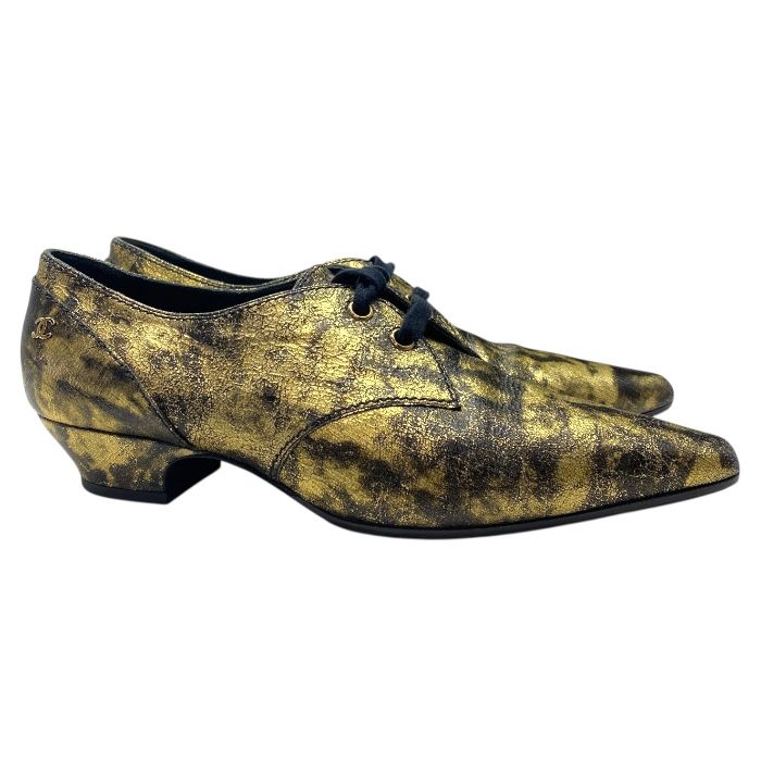 Chanel Xg34275 Loafers Metallic Oxford Coco Mark Logo Leather Shoes Gold Brown