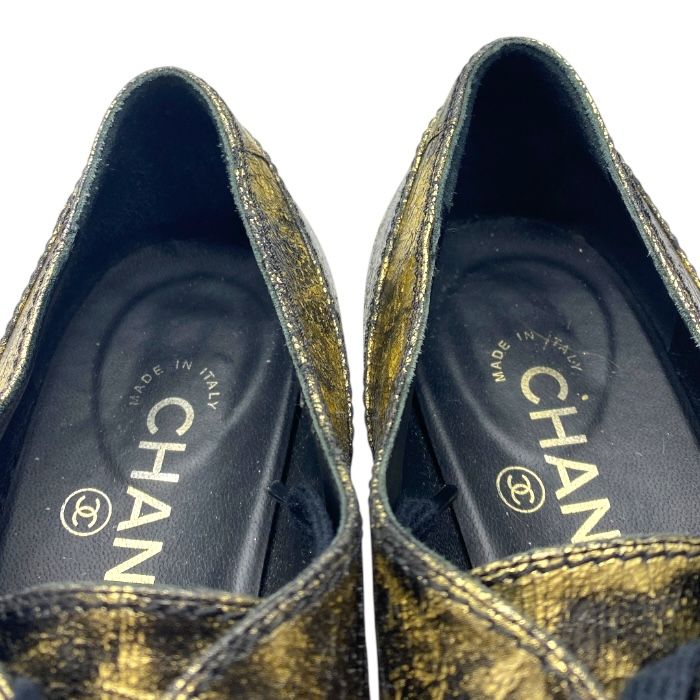 Chanel Xg34275 Loafers Metallic Oxford Coco Mark Logo Leather Shoes Gold Brown