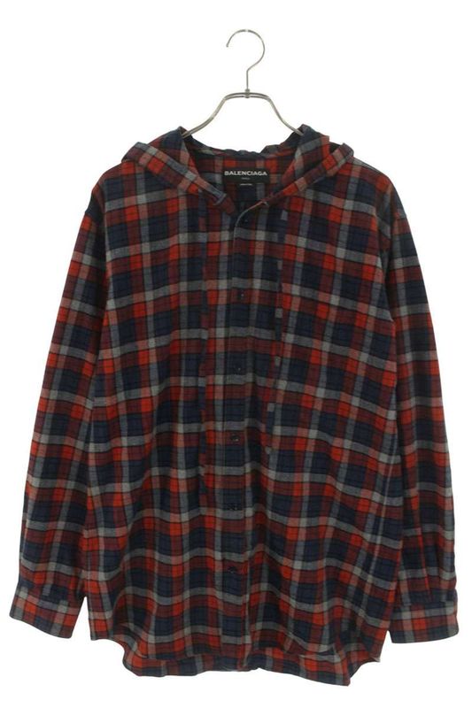 Balenciaga 485990 Twb15 Hooded Checked Long Sleeve Shirt Men's 39