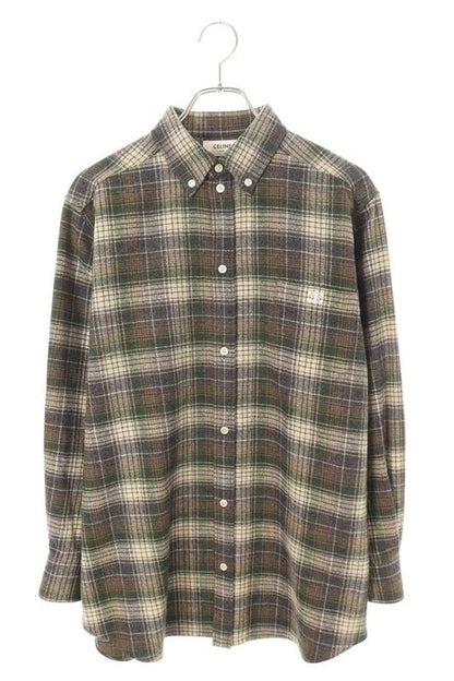 Celine 2c596720n Triomphe Logo Wool Check Long Sleeve Shirt Men 36