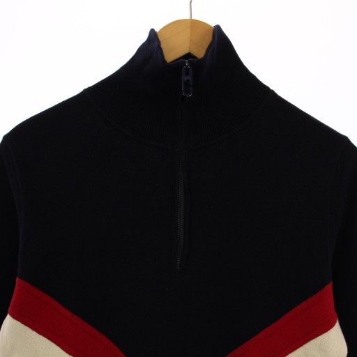 Gucci Knit Sweater Long Sleeve High Neck Half Zip M Navy Blue Red White BM