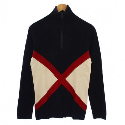 Gucci Knit Sweater Long Sleeve High Neck Half Zip M Navy Blue Red White BM