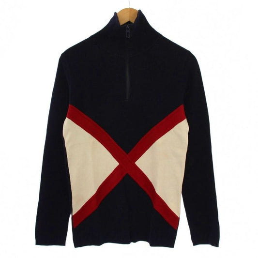 Gucci Knit Sweater Long Sleeve High Neck Half Zip M Navy Blue Red White BM