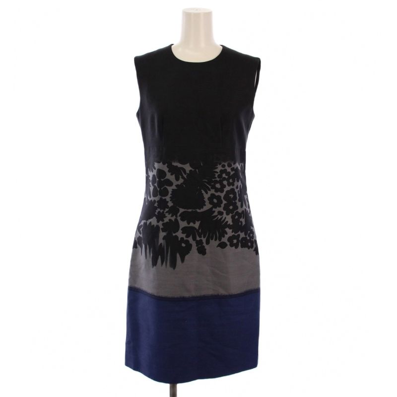 Prada Dress Knee Length Sleeveless Tight Patterned Wool Silk 36 Black Navy BM -