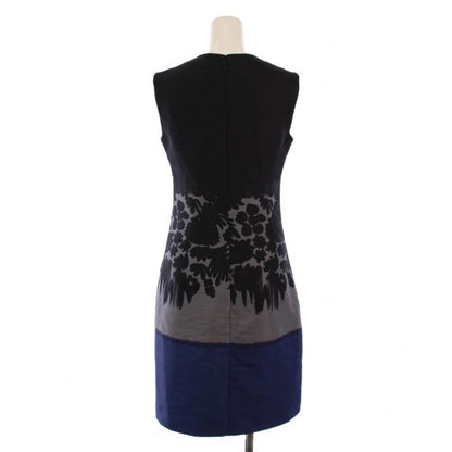 Prada Dress Knee Length Sleeveless Tight Patterned Wool Silk 36 Black Navy BM -