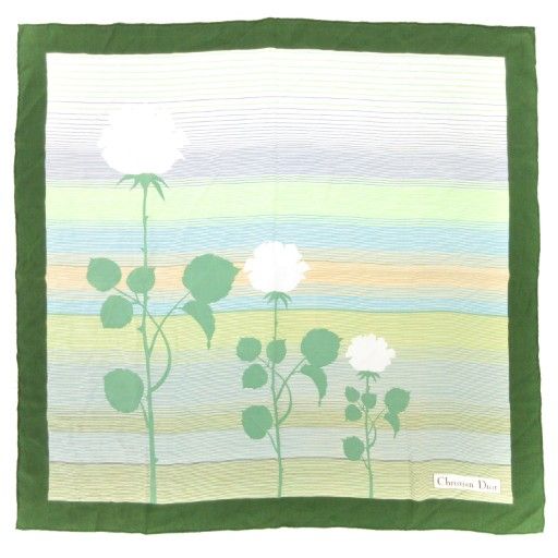 Christian DIOR Vintage Scarf Rose Pattern Floral Silk Green AE - GY47