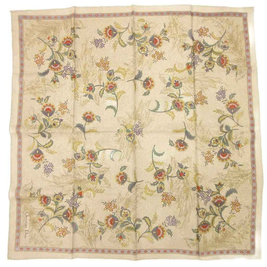 Christian DIOR Echarpes Vintage Scarf Large Size All Over Floral Pattern Beige