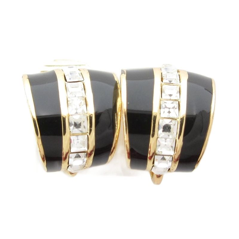 Christian DIOR Earrings Rhinestone Gold Color Black AE - GY47