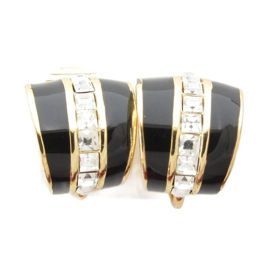 Christian DIOR Earrings Rhinestone Gold Color Black AE - GY47