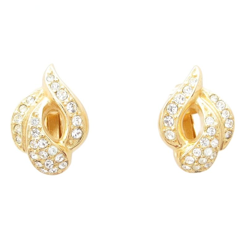 Christian DIOR Earring Rhinestone Clip Gold Color AE - GY47