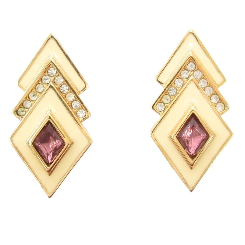 Christian DIOR Earrings Rhombic 3 Rings Rhinestone Gold Color Purple AE - GY47
