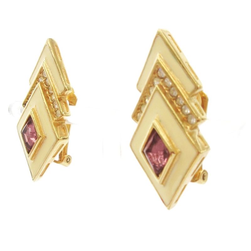 Christian DIOR Earrings Rhombic 3 Rings Rhinestone Gold Color Purple AE - GY47