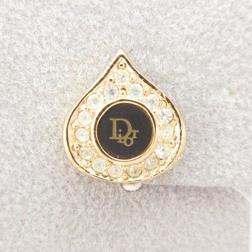 Christian DIOR Rhinestone Logo Teardrop Costume Earring Drop Shape Gold Color