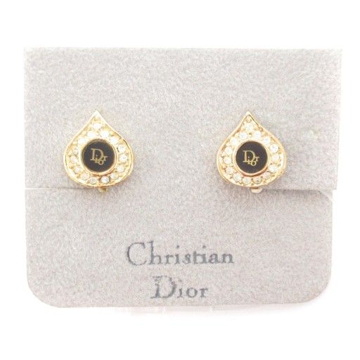 Christian DIOR Rhinestone Logo Teardrop Costume Earring Drop Shape Gold Color