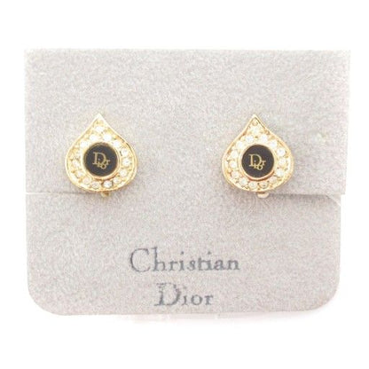 Christian DIOR Rhinestone Logo Teardrop Costume Earring Drop Shape Gold Color