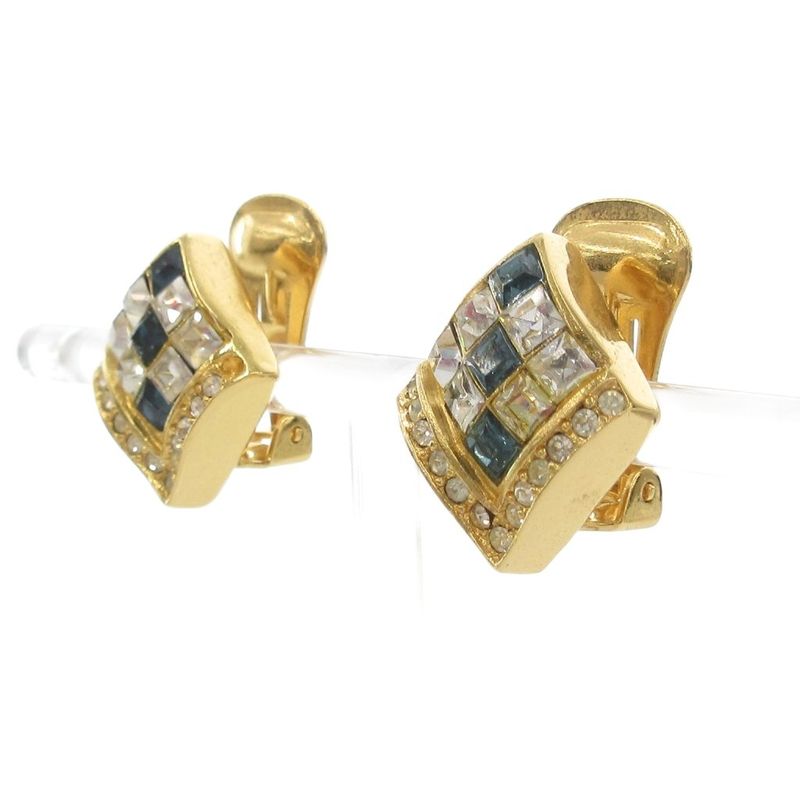 Christian DIOR Earring Rhombic Rhinestone Gold Color Blue AE - GY47