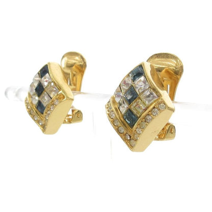 Christian DIOR Earring Rhombic Rhinestone Gold Color Blue AE - GY47