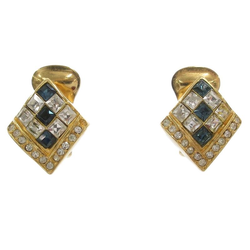 Christian DIOR Earring Rhombic Rhinestone Gold Color Blue AE - GY47