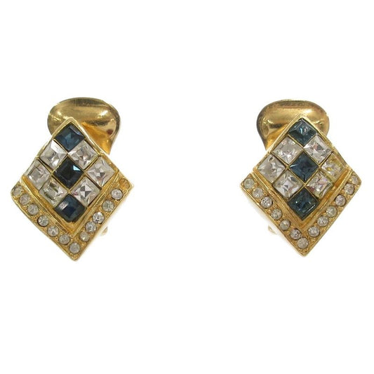 Christian DIOR Earring Rhombic Rhinestone Gold Color Blue AE - GY47