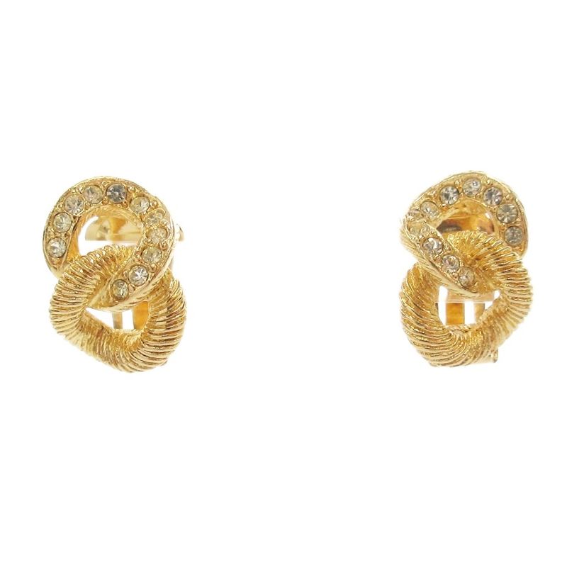 Christian DIOR Earrings Rhinestone 2 Chain Gold Color AE - GY47