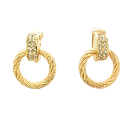 Christian DIOR Earrings Rope Twist Hoop Rhinestone Gold Color AE - GY47