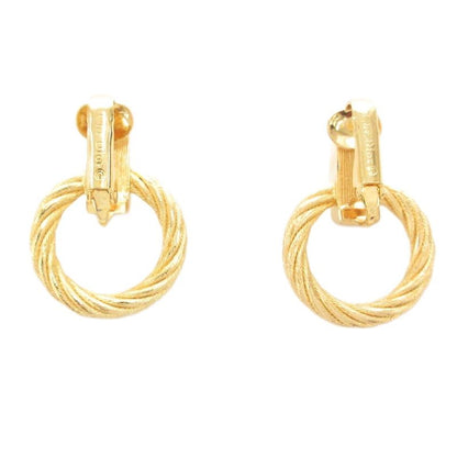 Christian DIOR Earrings Rope Twist Hoop Rhinestone Gold Color AE - GY47