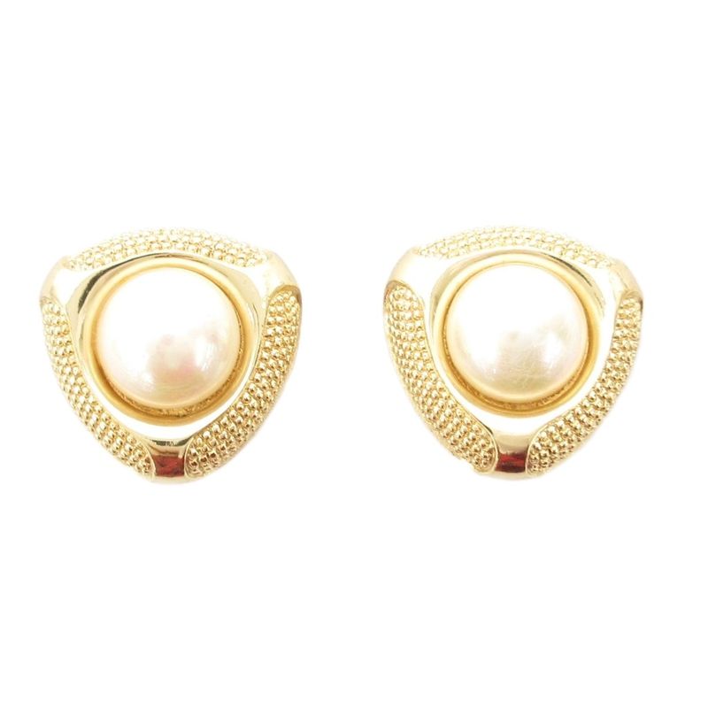 Christian DIOR Earring Faux Pearl Triangle Gold Color White AE - GY47