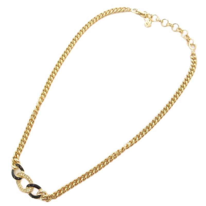 Christian DIOR Necklace Pendant 3strands Chain Gold Color Black AE - GY47