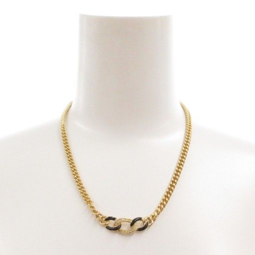 Christian DIOR Necklace Pendant 3strands Chain Gold Color Black AE - GY47
