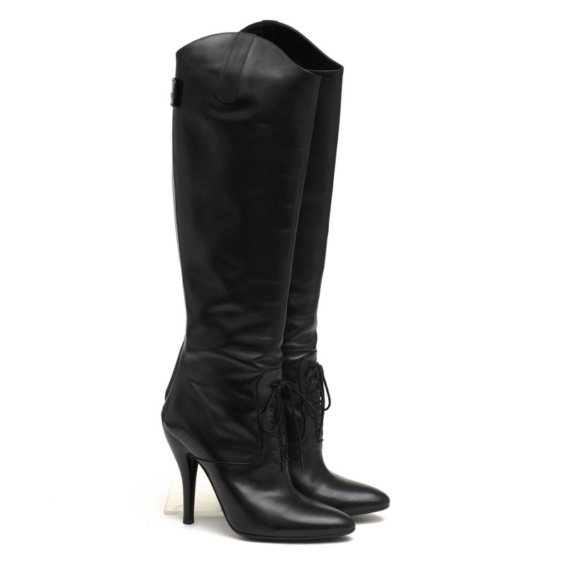 Gucci Long Boots Shoes Women Leather Genuine Black 304702 Elizabeth High Heel
